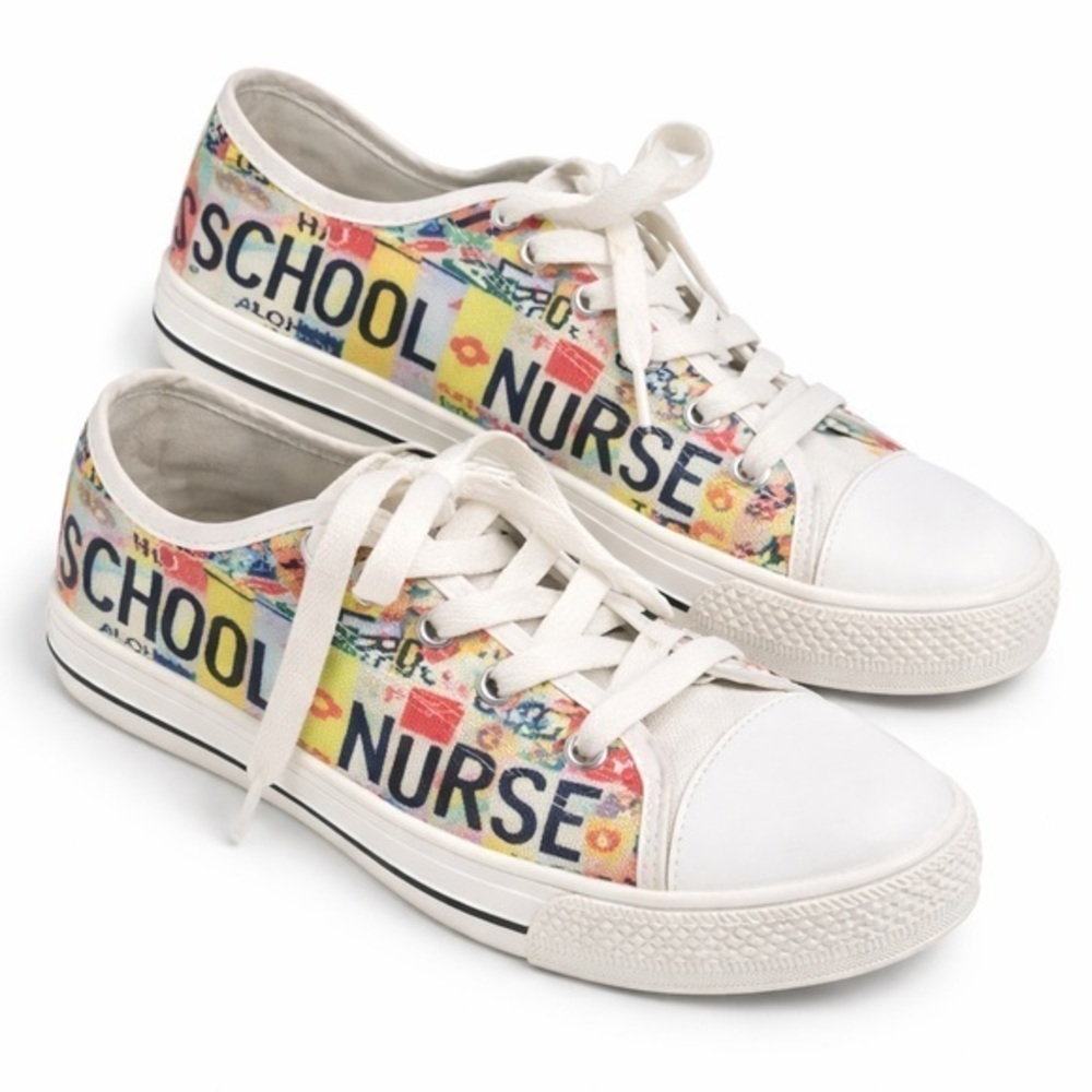 School Nurse White Graphic Sneakers Nurse Pride Lace Up Shoes Womens 7 Mens 5
